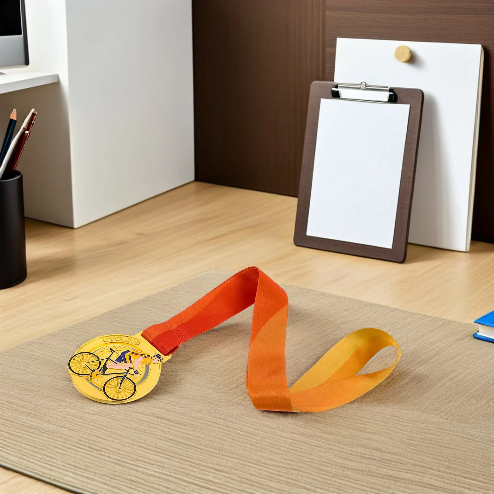 Stylish Gold Cycling Medal Award with Neck Ribbon Trophy for Biking Sports Tournament Party Competition School Event Adult
