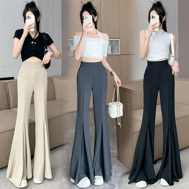 

Suit Pants Women's New High Waist Slim Bell-Bottoms Spring 2024 Mop Floor Feel Casual Wide-leg Solid Color Simple Pants Summer