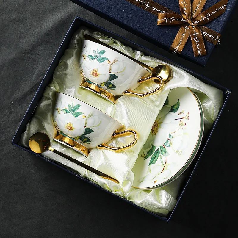 

European Style Bone China Coffee Cup and Saucer Set High Aesthetic Ceramic Tea Set for Afternoon Tea Gift Box