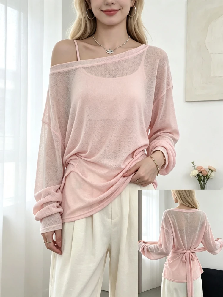 Spring Fall Women Y2K Off Shoulder Top Thin Sheer Long Sleeve Tie Waist Sexy Slim Blouse Casual Dating Versatile Fashion Tee