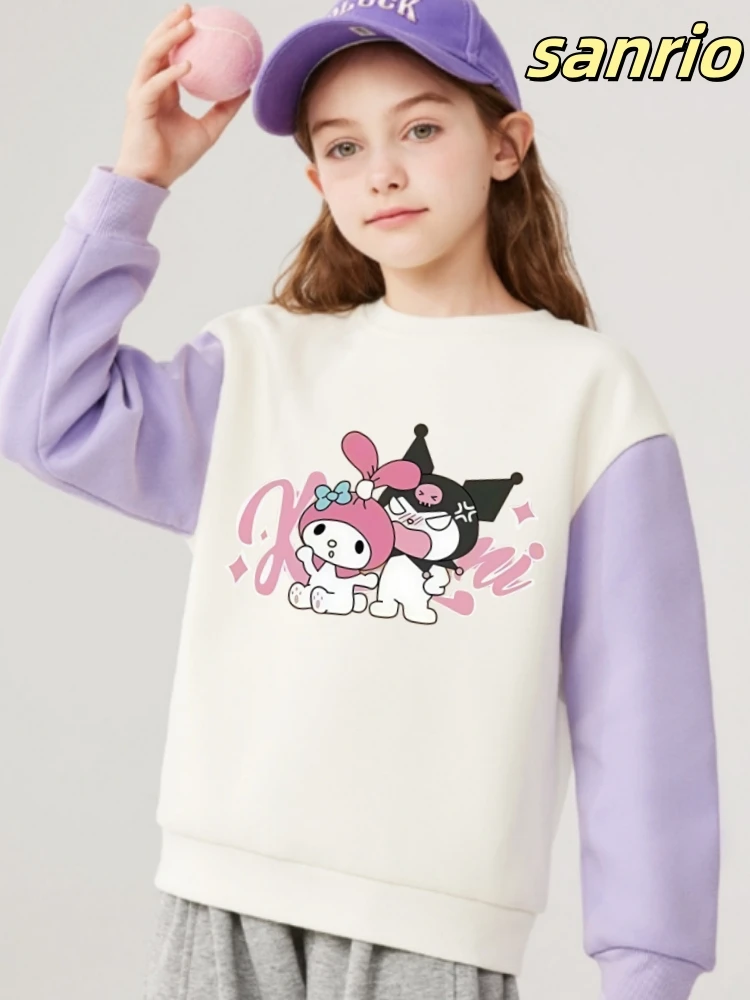 

Sanrio Autumn Baby Girls 100% Cotton Clothes Kid Kuromi Printed Sweatshirts Children Girl Patchwork Long Sleeve T-shirts Top