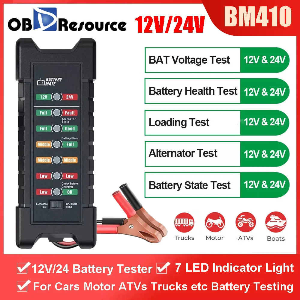 OBDResource 12V 24V Battery Digital Alternator Tester 7 LED Light Detection Display For Cars Motor Trucks  etc Battery Tester