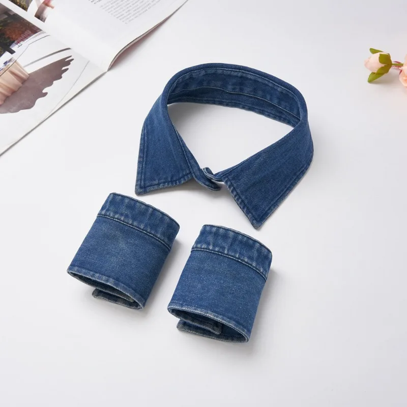 New denim fake collar, retro washed denim collar sleeves cuffs sweater collar pointed collar unisex leader's outfit