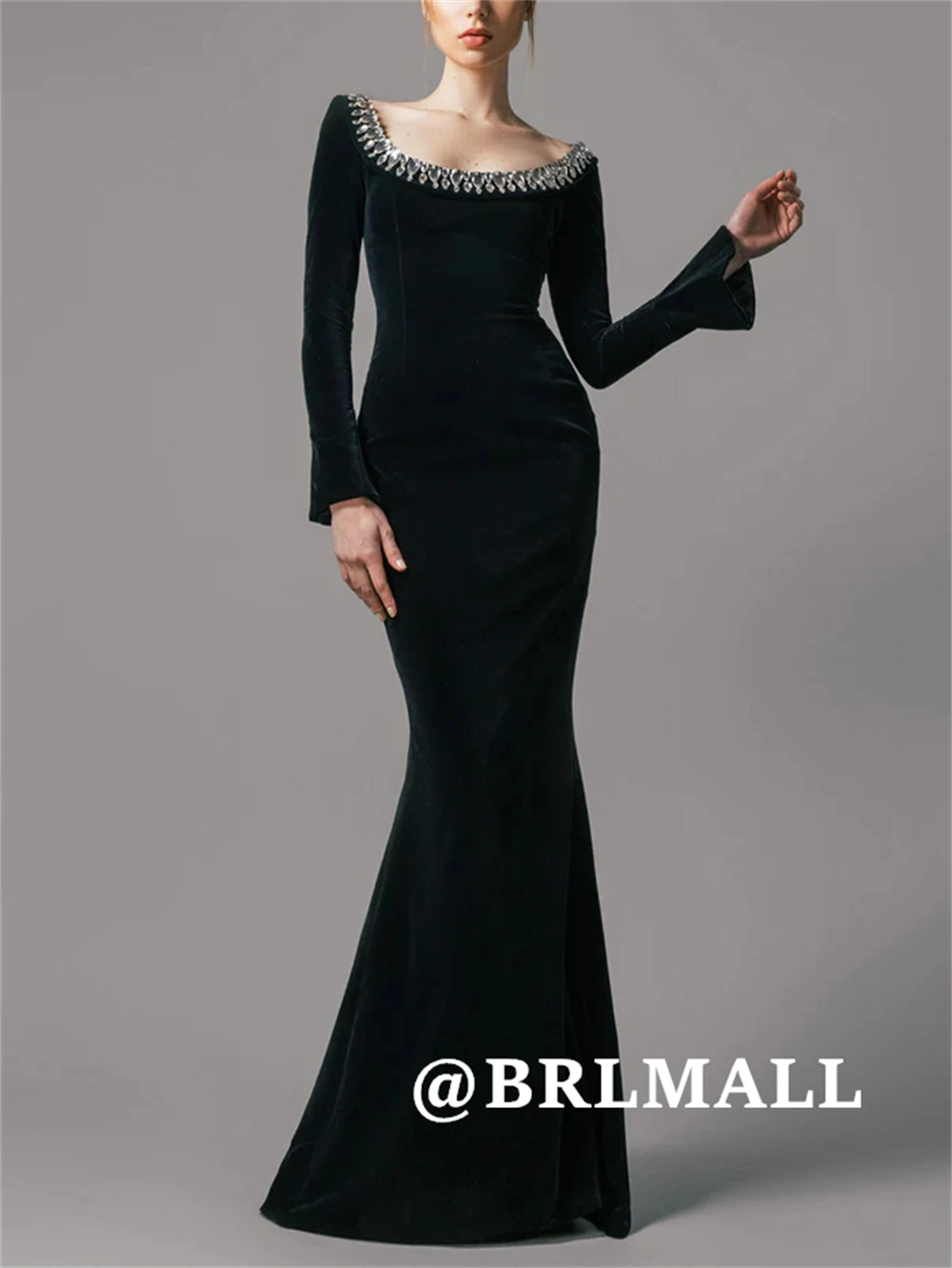 

BRLMALL Crystals Long Sheath Evening Dress Velvet Prom Gown Scoop Neck Long Flare Sleeves Party Gown Customized Colors and Size