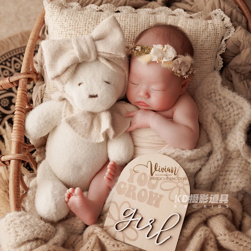Cute Bear Doll Photography Props 0-1month Baby Girl Knitted Hat Posing Pillow Soothing Bear Doll Infant Studio Photo Accessories