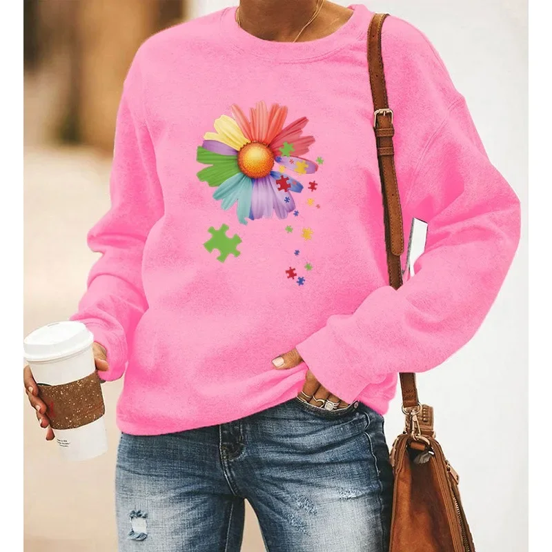 Women's Aesthetic Little Daisy Print Long Sleeve Crewneck Hoodie Lady Sweatshirt Comfortable Fashionable Sweatshirts Clothing
