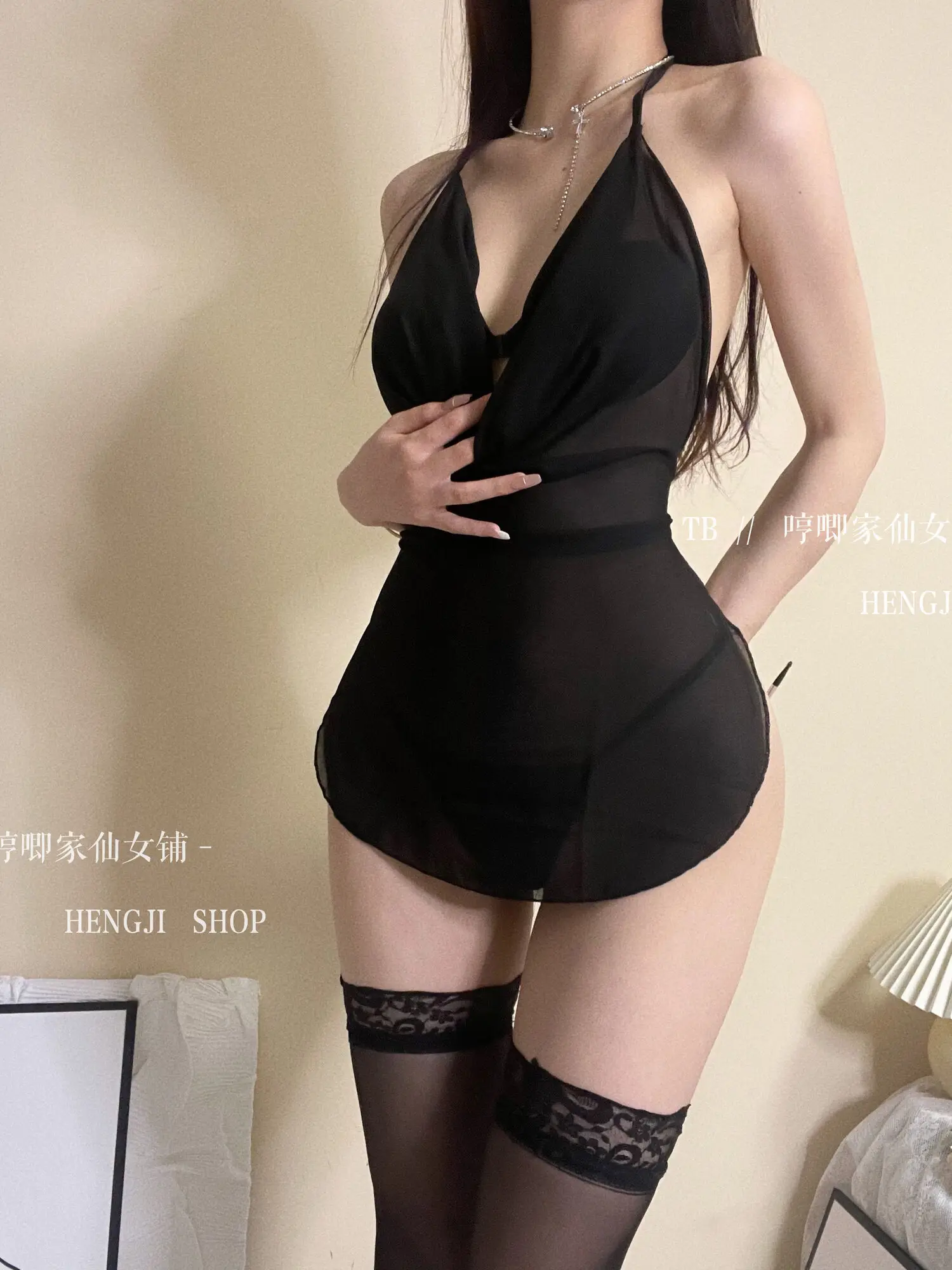 WOMENGAGA Fairy Tops Cosplay Sexy Large Backless Mesh Lace Mini Tank Dress Transparent Halter Neck Girl Hot Sexy Korean VEM2