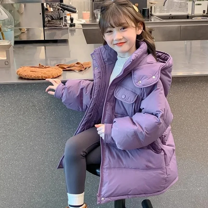 

Осенне-зимняя стеганая куртка для девочек с капюшоном, однотонное пальто, теплая утолщенная верхняя одежда, удобная детская одежда для детей 4-12 лет