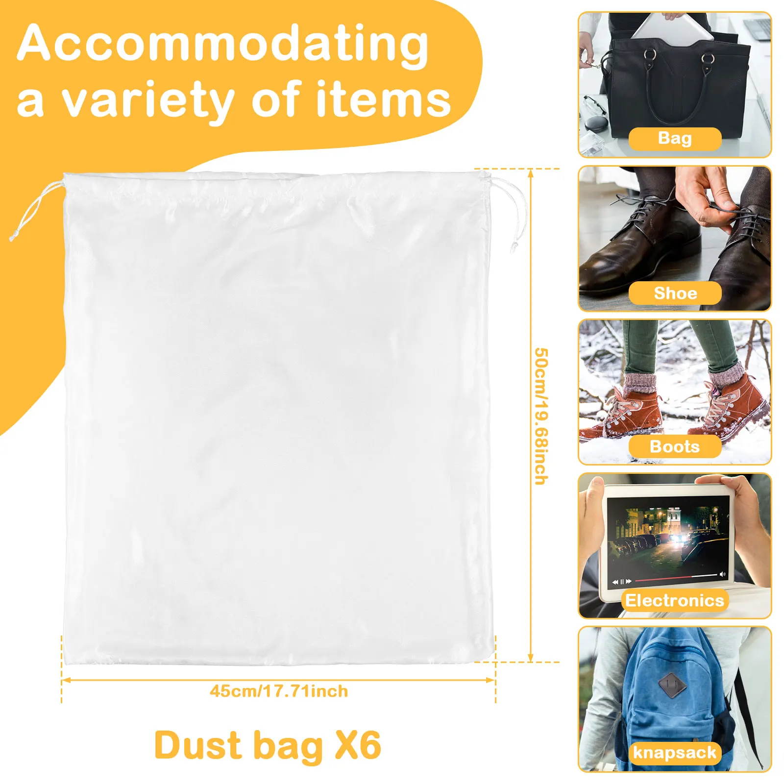 6/12Pc Portable Drawstring Bag Soft Breathable Dustproof Bags Multipurpose Travel Storage Pouch Reusable 50x45cm White Cloth Bag