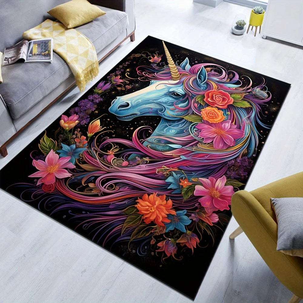 1pc Unicorn Anti-Fatigue Printed Area Rug, Crystal Velvet Non-Slip Doormat with Vibrant Floral Design, Perfect for Livin