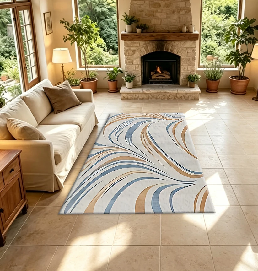 Modern Marble Swirl Abstract Pattern Carpet, Blue Gold Fluid Art Non-Slip Floor Mat, Suitable for Living Room Bedroom Home Decoration