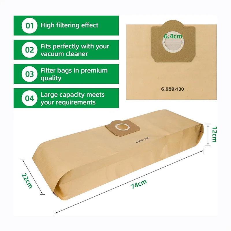 Sacos de aspirador de pó para karcher 6.959-130.0, sacos de filtro de papel para peças de aspirador de pó karcher wd3 1629 mv3 premium 15 pacote