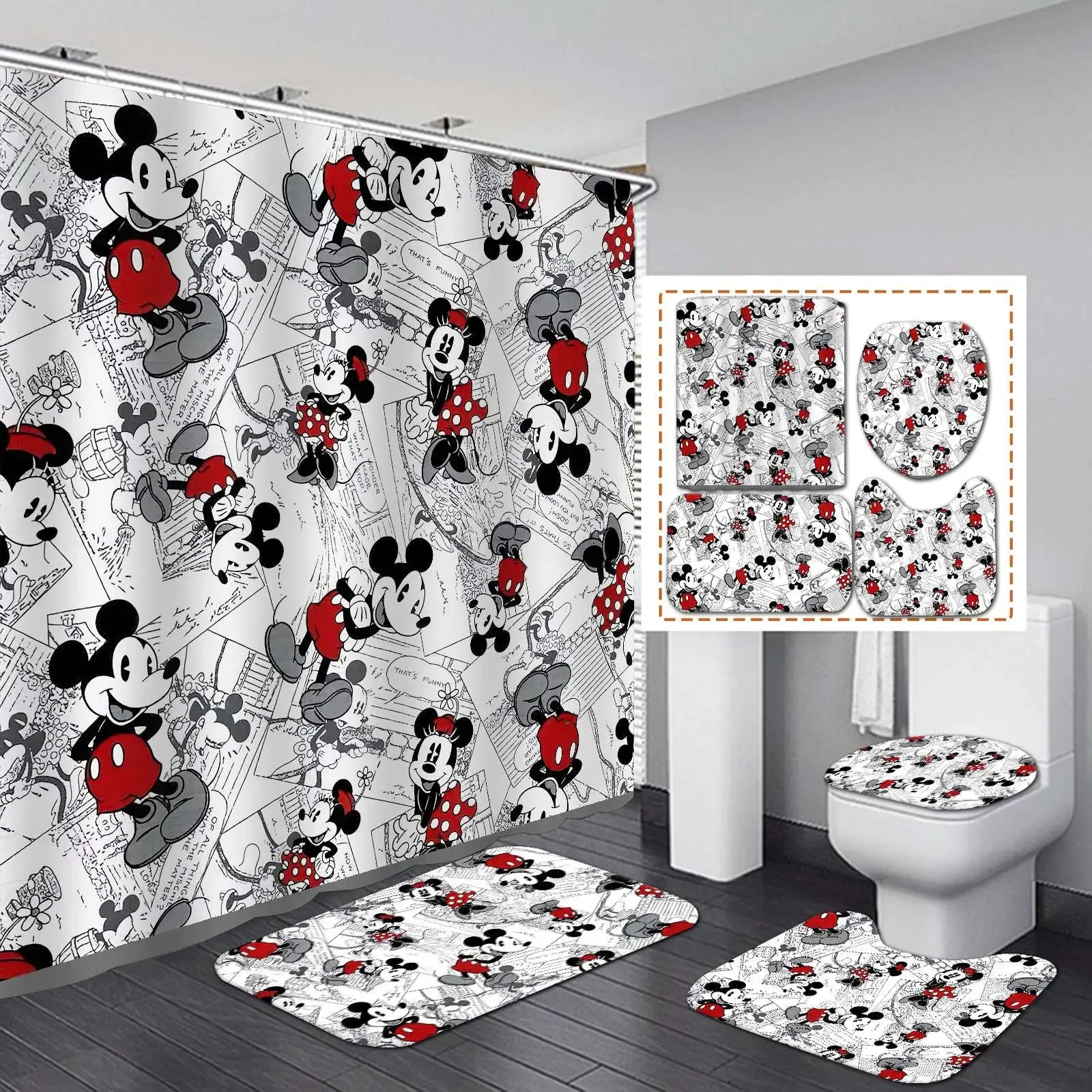 

Disney Mickey Minnie 4Pcs Shower Curtain Set with Non-Slip Rugs Toilet Lid Cover Bath Mat Waterproof Bathroom Curtain with Hooks