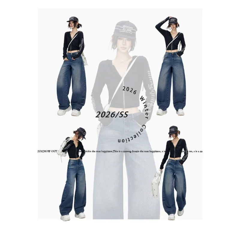OIQERE Women High Waist Banana Jeans American Vintage Back Adjustable Buckle Loose Wide Leg Streetwear Denim Trousers