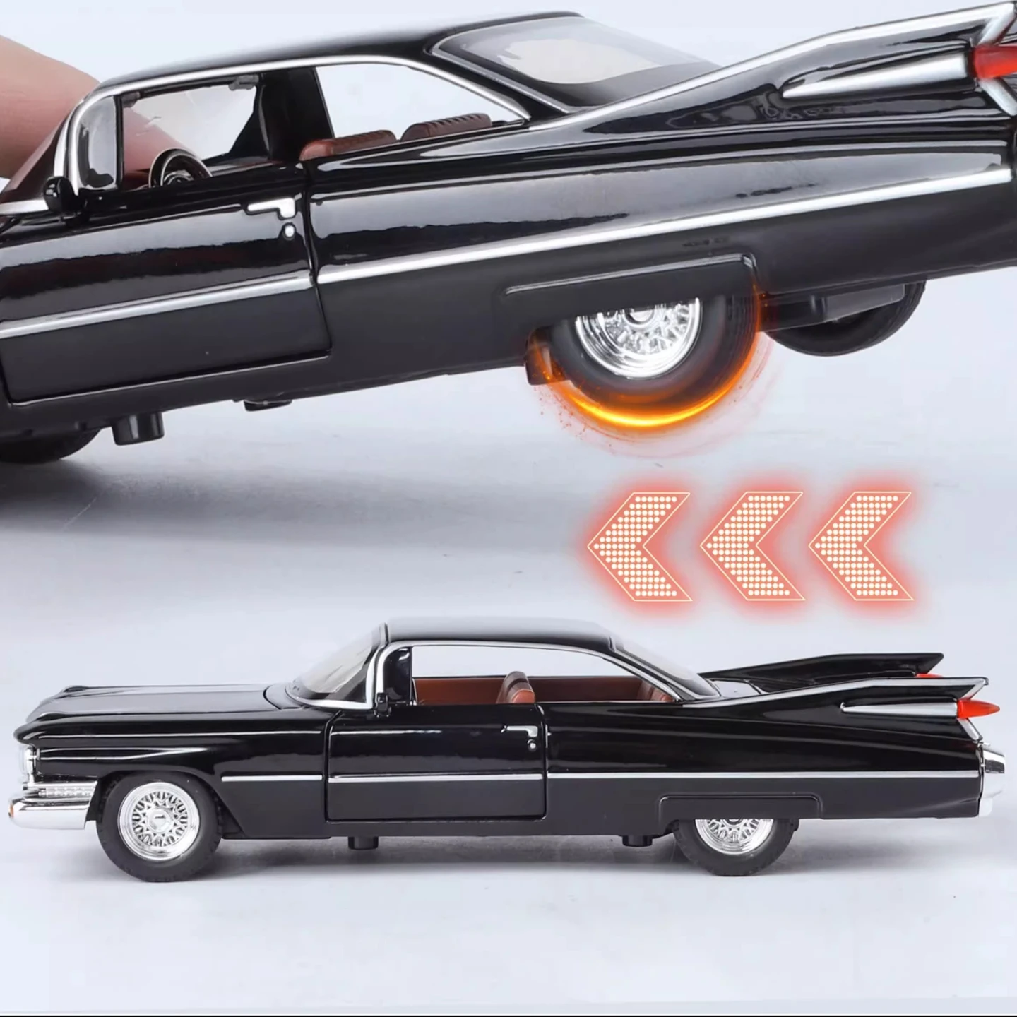 1:32 1959年ビッグロケットカーおもちゃモデル 合金ダイキャスト車両おもちゃ サウンドライト ドア開閉 プルバック式 子供向けギフト