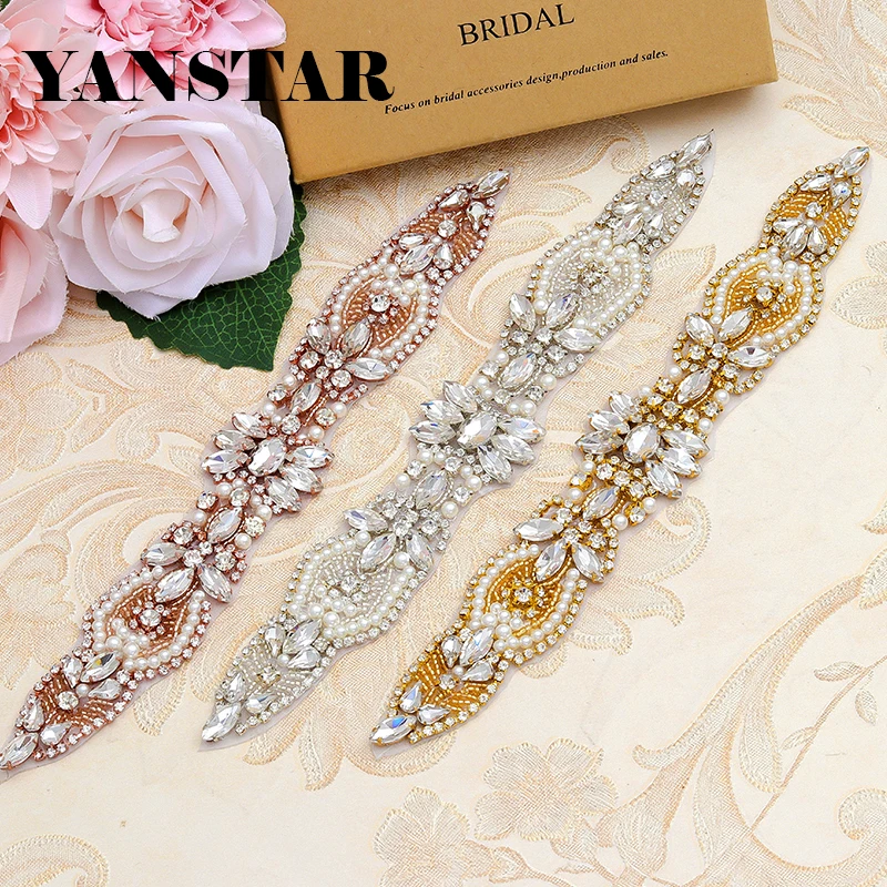 

YANSTAR 30PCS Wholesale Rose Gold Crystal Rhinestones Appliques With Beads Accessory For Wedding Dress Sash YS871