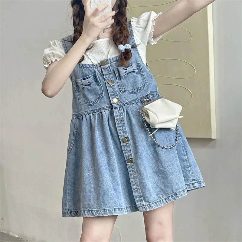 Kawaii Strap Denim Dresses for Women 2023 Summer Single-Breasted Bow Jean Mini Dress Woman Preppy Style High Waist Loose Dress