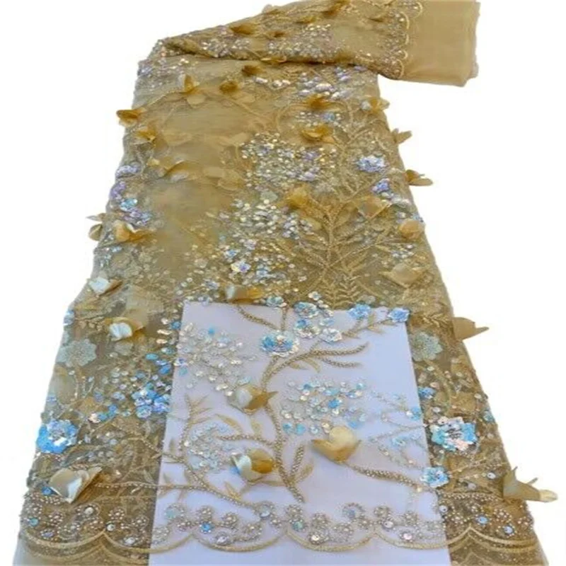 Tecido africano de renda com lantejoulas para vestido de casamento, tecido nigeriano, flor 3D, malha francesa, amarelo, alta qualidade, 2023