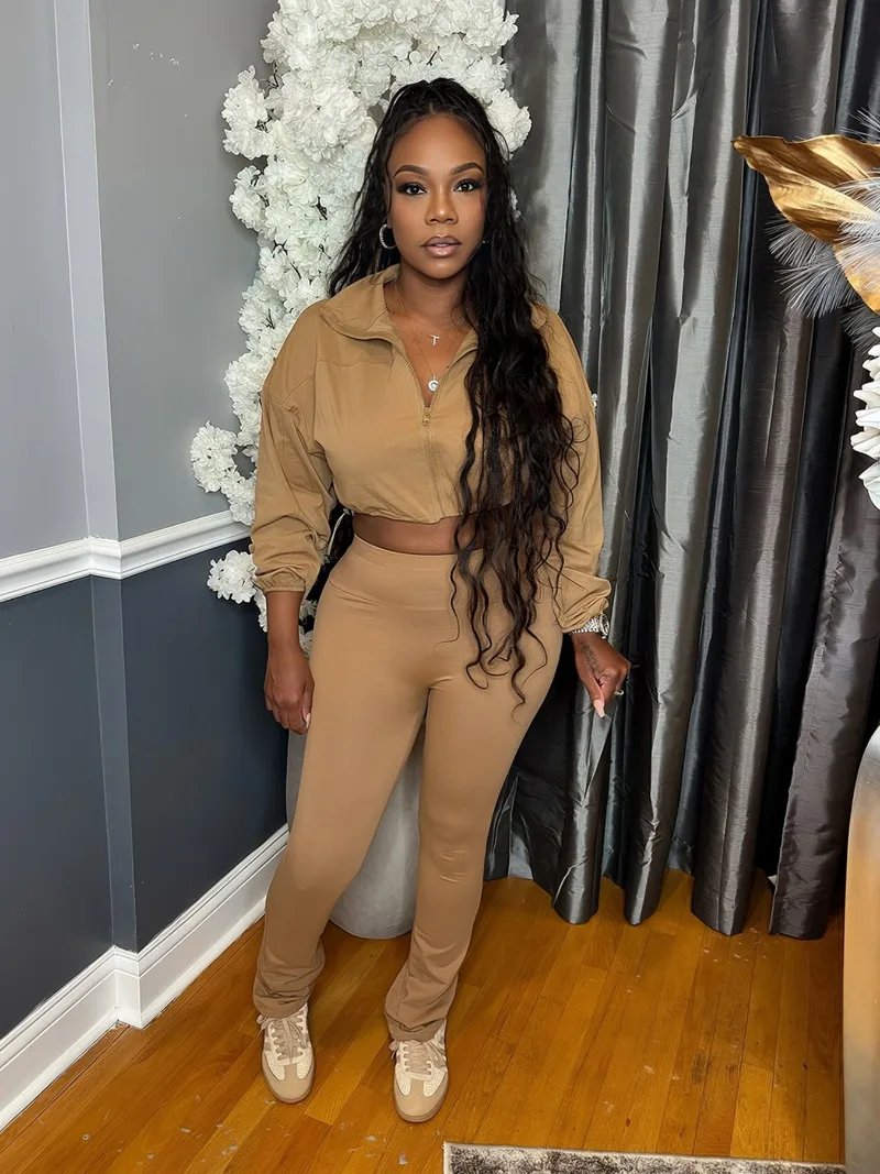 Setelan 2 Potong Wanita Kasual Sporty, Atasan Crop Berkerah Lipat Lengan Panjang dengan Ritsleting + Celana Skinny Pinggang Tinggi