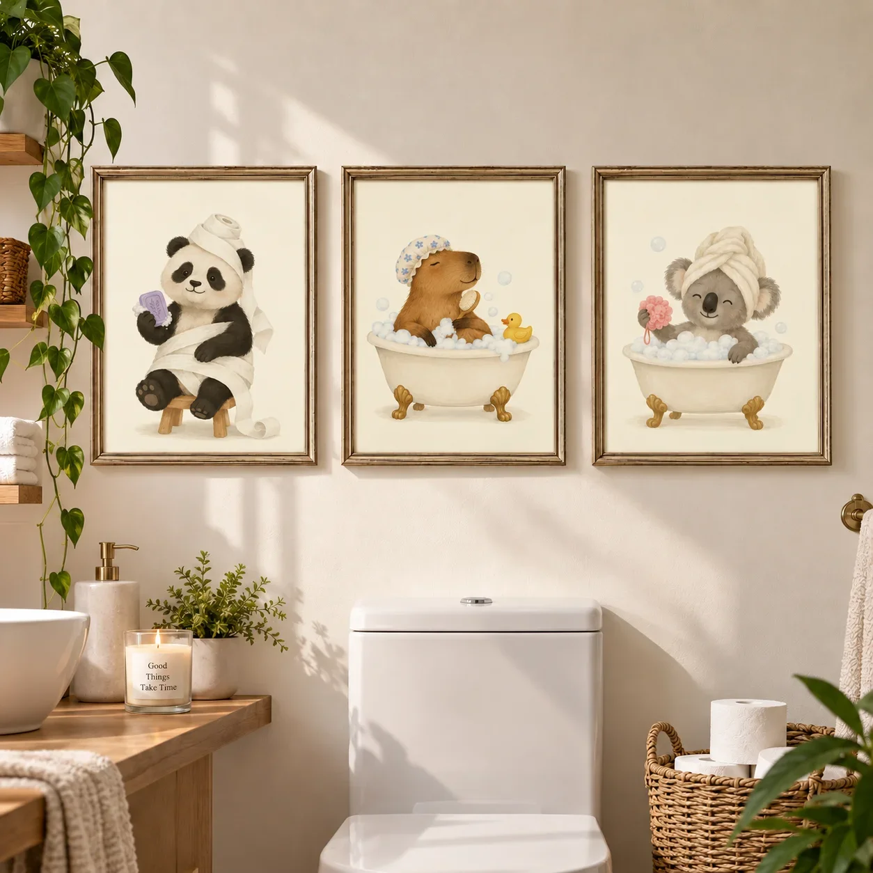 1pc frameless Canvas Painting Cute Animal Bathroom Wall Art, Funny Bubble Bath Toilet Paper Animal Posters Kids Nursery Bathtime