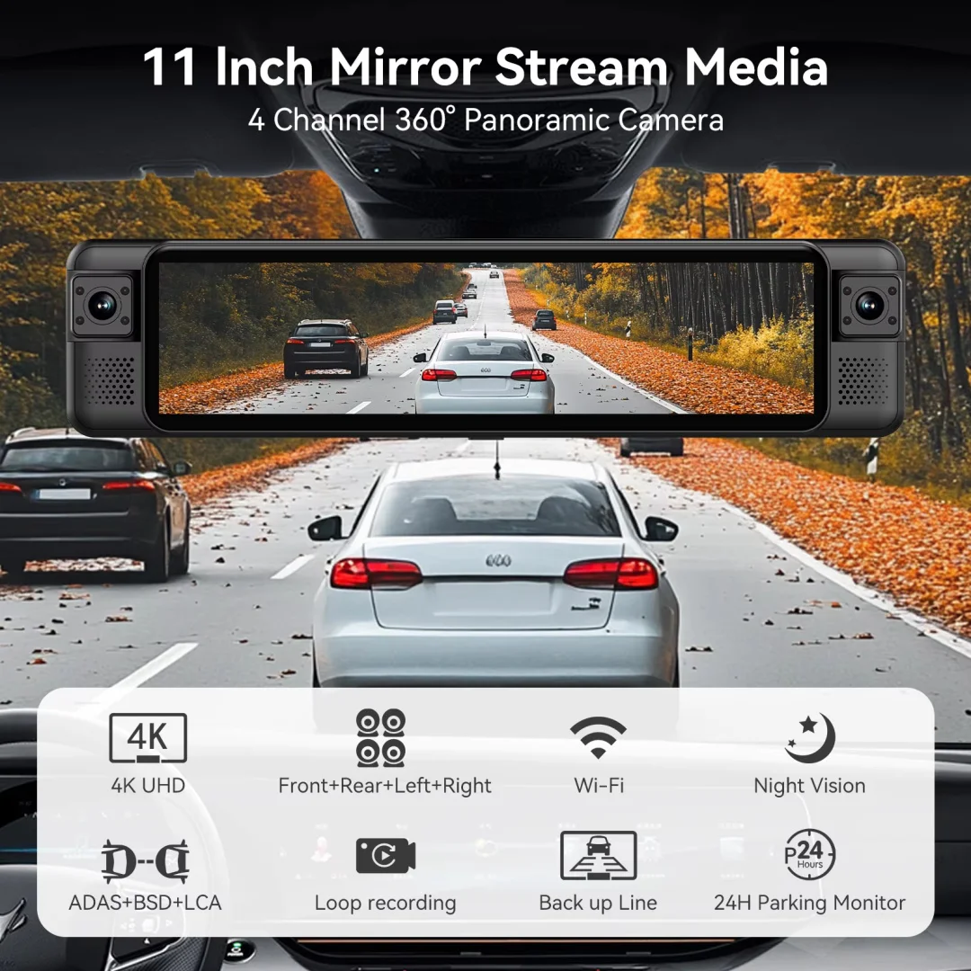 4K Mirror Dash Cam 4 Channel WIFI GPS ADAS BSD Blind Spot Detection Reverse Assist RearView Mirror Car DVR with Special Bracket