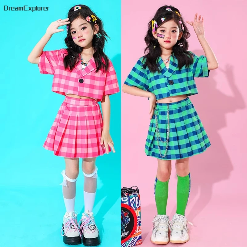 Kids Hip Hop Crop Top Shirt Plaid Skirts Street Dance Jazz Costumes Girls Summer Jacket Clothes Sets Children Lovely Streetwear