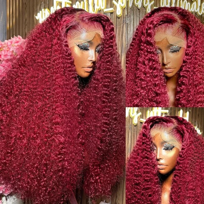 

Long 99j Glueless 180Density 26 inch Burgundy Kinky Curly Lace Front Wig For Women BabyHair Preplucked Heat Resistant Daily