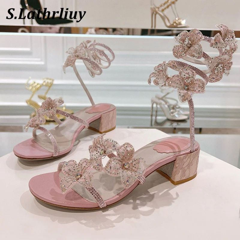 

Summer High Heels Sandals Women's Crystal Flower Ankle Snake Twine Around Party Prom Shoes Square Heels Open Toe Fairy Sandalias