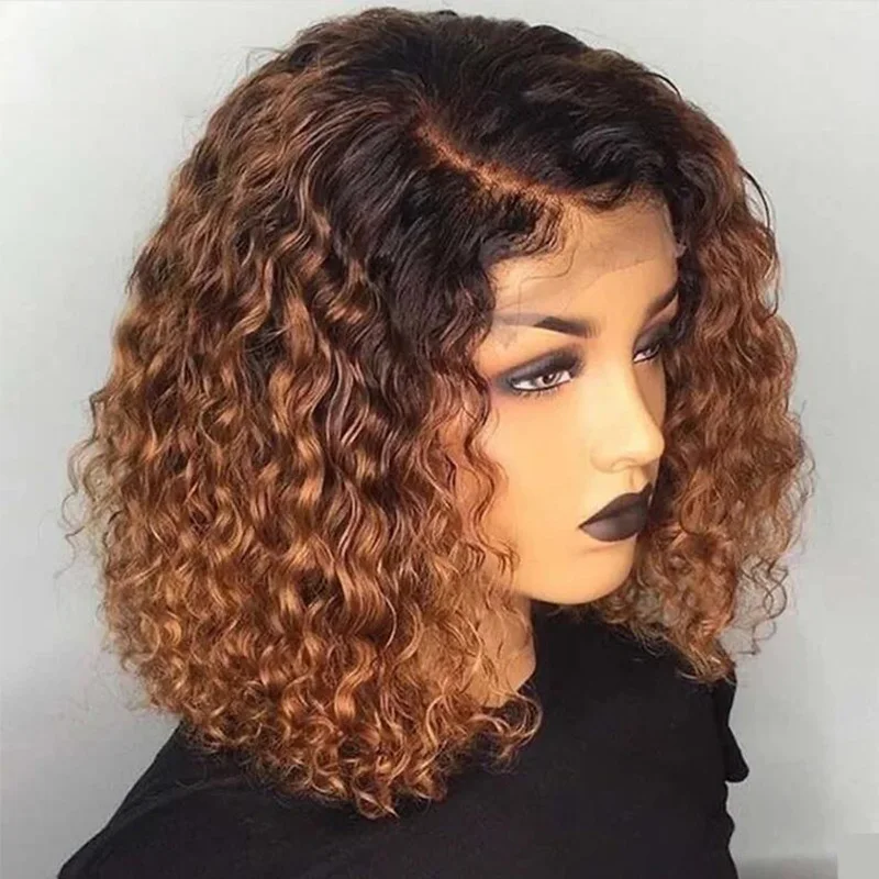 

Soft Short Cut Bob Ombre Blonde Brown Kinky Curly 180Density Lace Front Wig For Black Women Babyhair Preplucked Glueless Daily