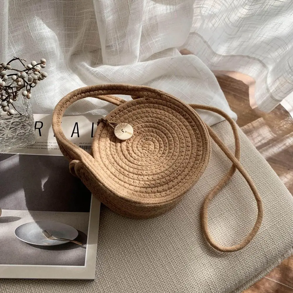 

Sweet Weave Straw Crossbody Bag With Button French Style Woven Bucket Bag Casual Portable Beach Vacation Bags Travel