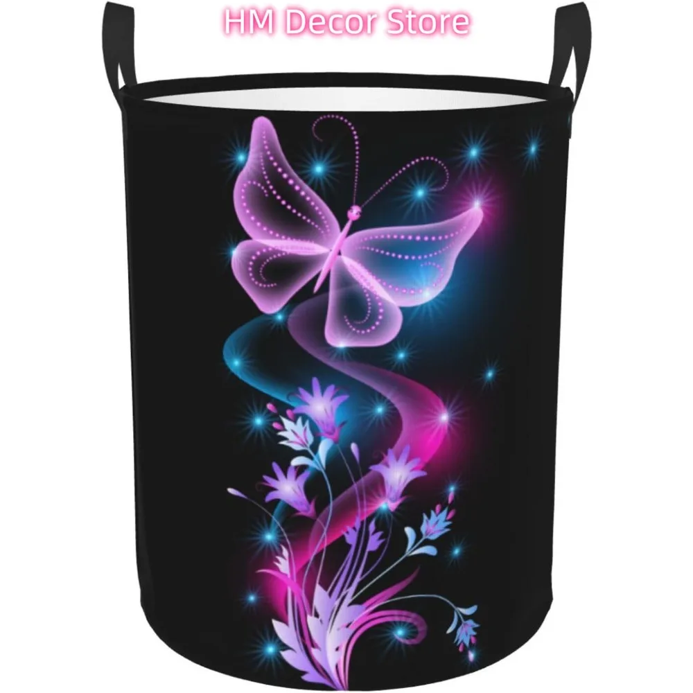 

Glowing Butterfly and Flowers Laundry Basket Waterproof Oxford Cloth Organizer Basket Collapsible Clothes Hamper with Handle Toy