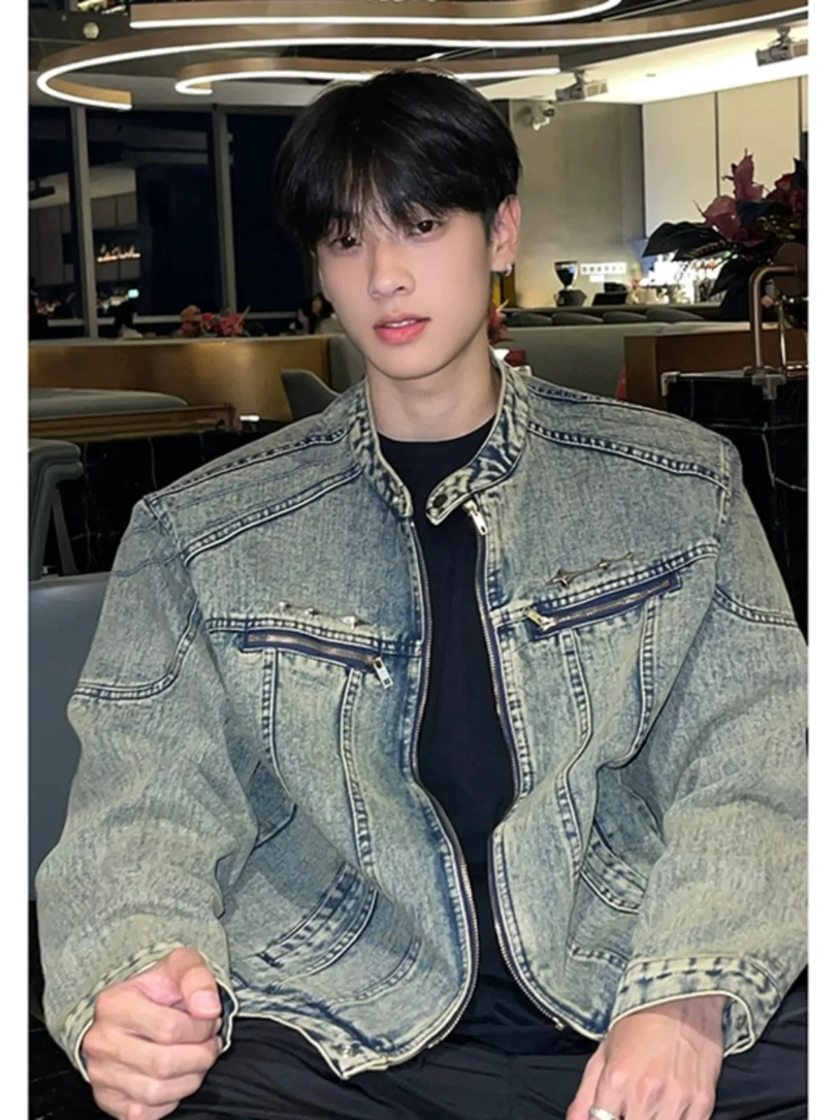 

American High Street ort Men's Denim Jaet Trendy Zipper Design oulder Pad Workwear Jaet Casual Pure Color Spring Autumn