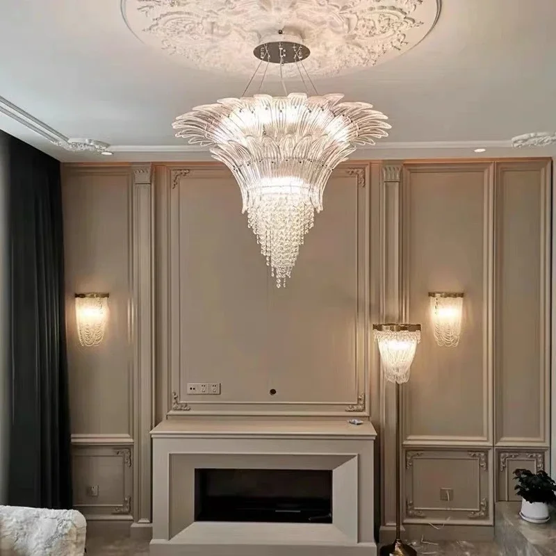 

Modern Luxury Crystal Chandelier Hotel Villa Staircase Pendant Lamp Living Room Restaurant White Glass Flower Petal Chandeliers