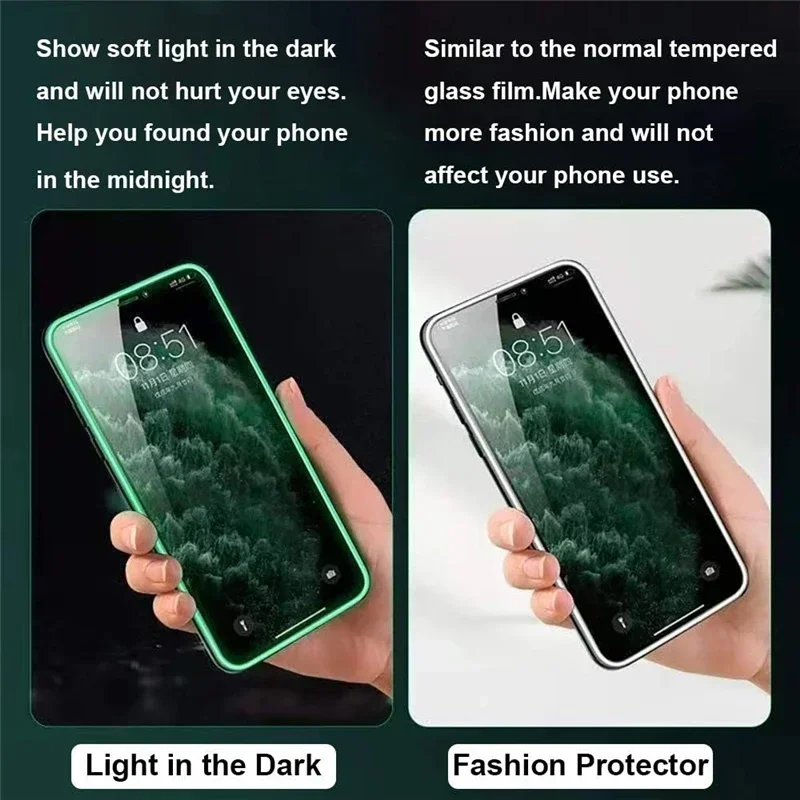 3 PIEZAS Protector de pantalla luminoso de luz nocturna para teléfono usado para iPhone 12 11 13 14 15 16 17 Pro Max Plus Mini Case Película de cristal templado 4