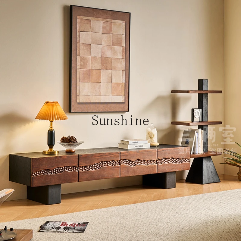 

Medieval all-solid wood TV cabinet American ash wood black living room floor cabinet