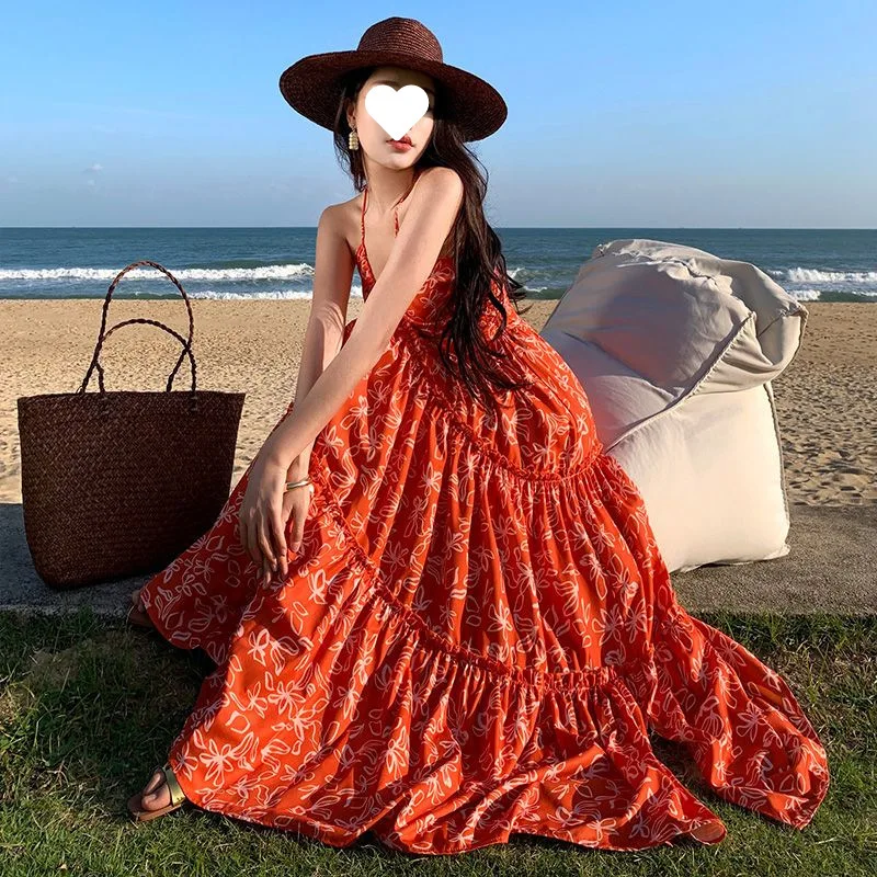 

Sanya Travel Beach Dress Bohemian Long Dress High-end Sense Brightening Beach Vacation Floral Halter Dress Women