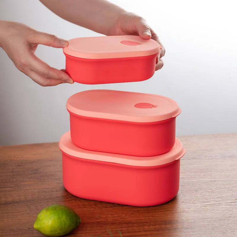 

1PCS/strawberry color 400ml900ml1500ml Microwaveable food-grade silicone oval crisper for bringing meals to work
