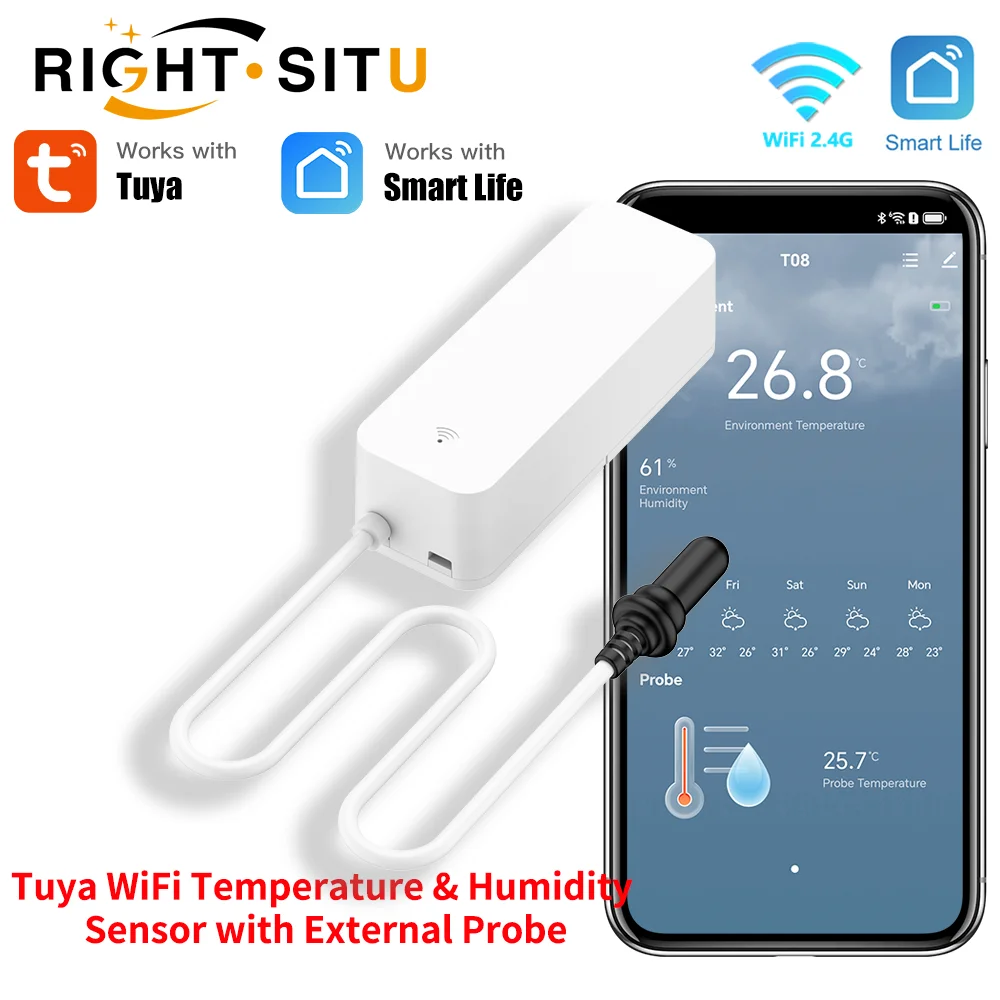 Tuya WiFi Temperature Humidity Sensor With External Probe for Smart Home Hygrometer APP Monitoring For Plants Aquarium Winery