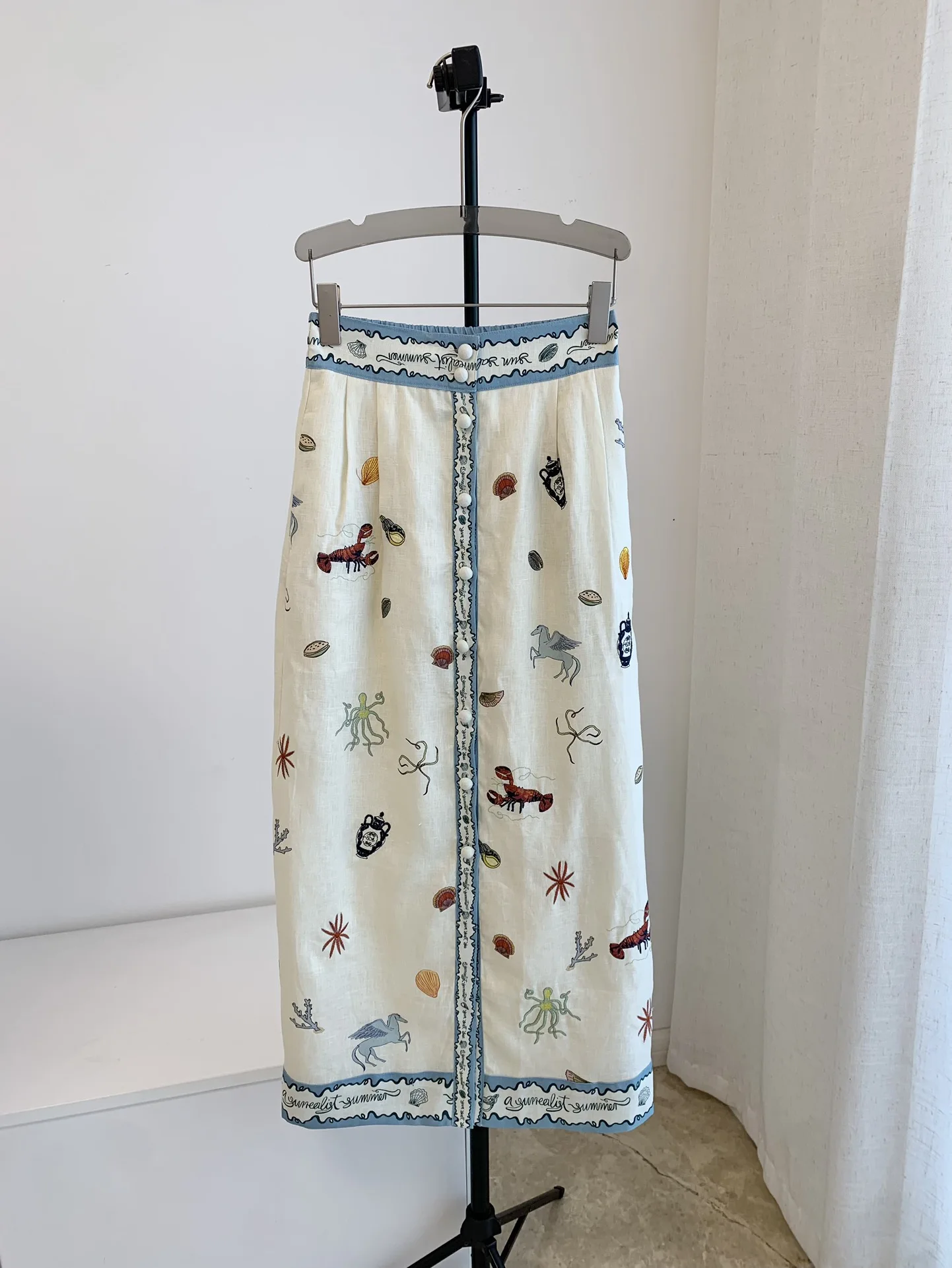 

Women 100% Linen Marine Organism Print Mid Length Skirt