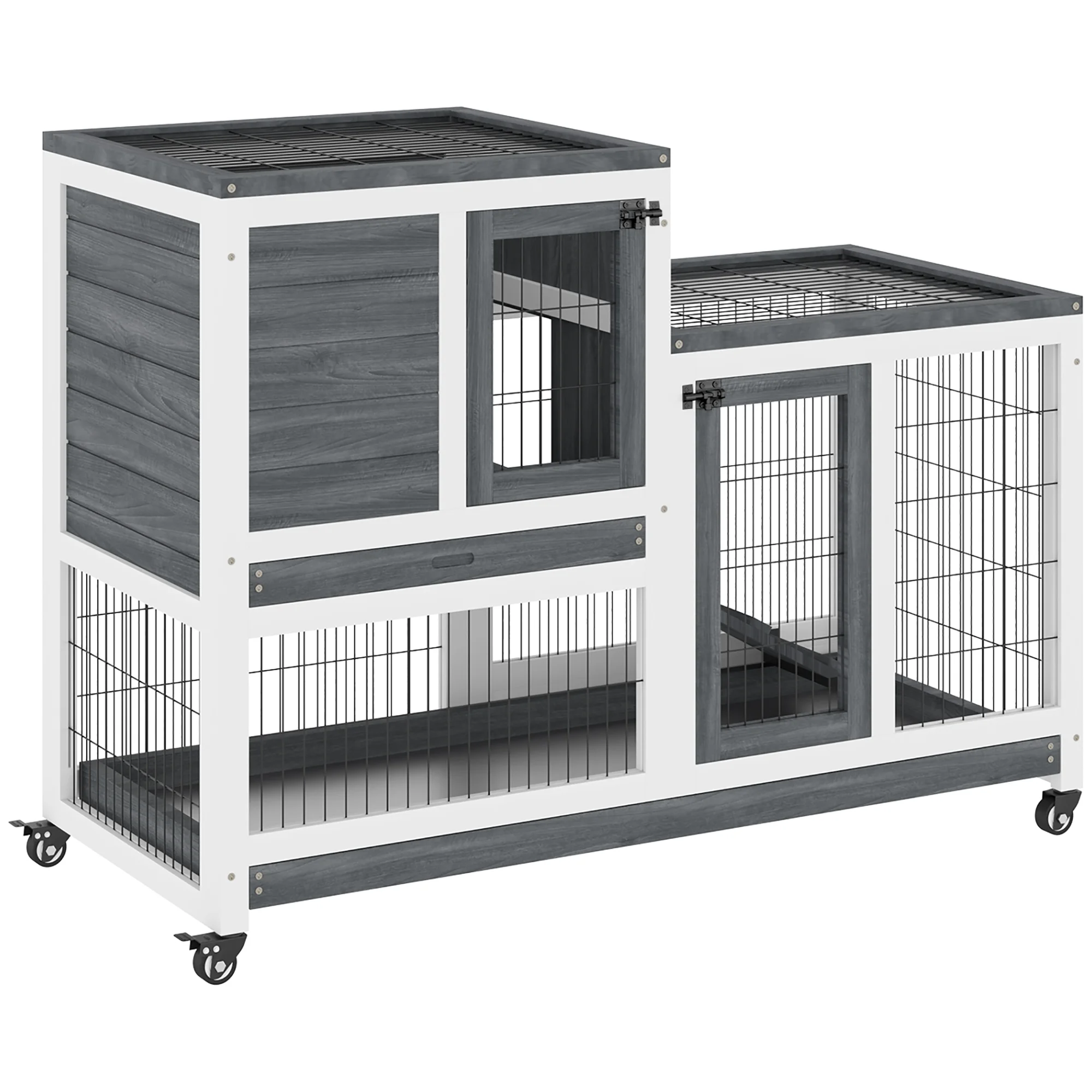 PawHut PawHut  Conejera de Madera con Ruedas para Interior Jaula de 2 Pisos con Rampa y 2 Bandejas Extraíbles 110x50x88cm Gris