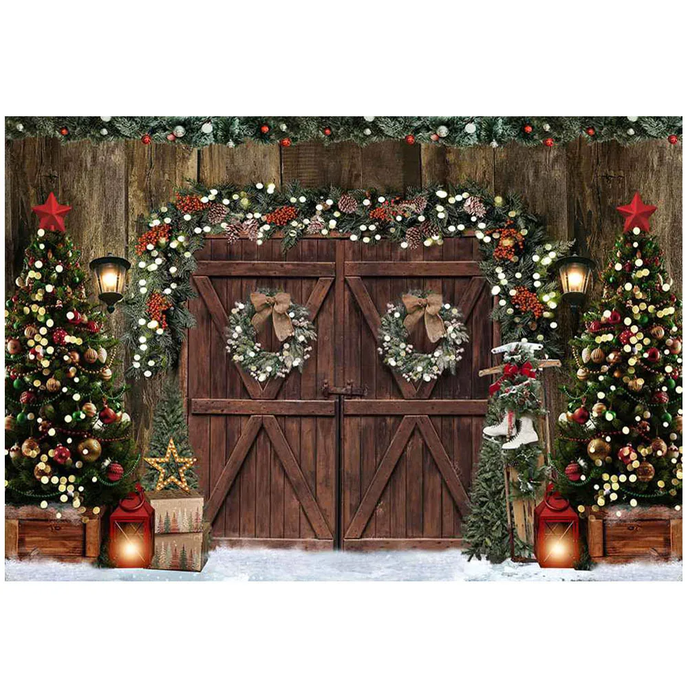 Mocsicka Drewniane Drzwi Śnieg Pole Choinka Wieniec Zdjęcie Tło Zimowe Dziecko Portret Fotografia Tło Studio Photocall