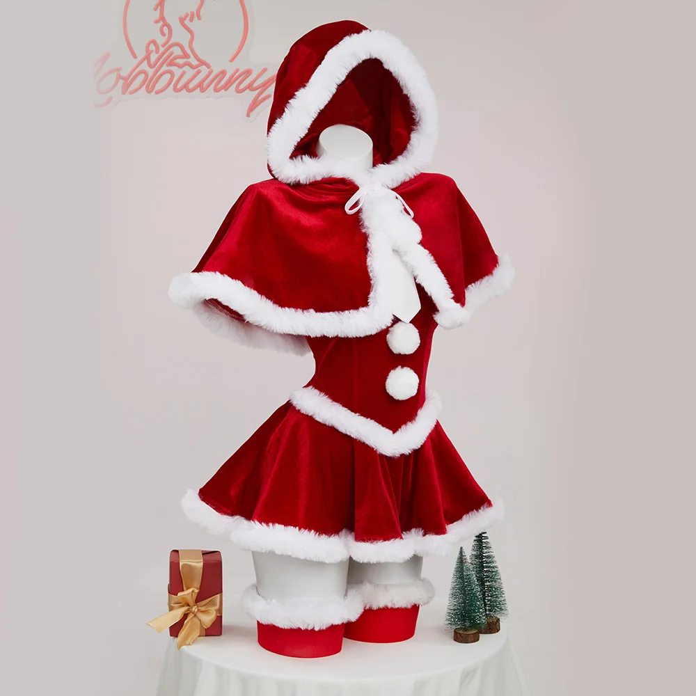 

2025 new Women Lingerie Costume Christmas Red Skirt Plush Bodysuit with Cape and Sleeves Christmas Cosplay Costume