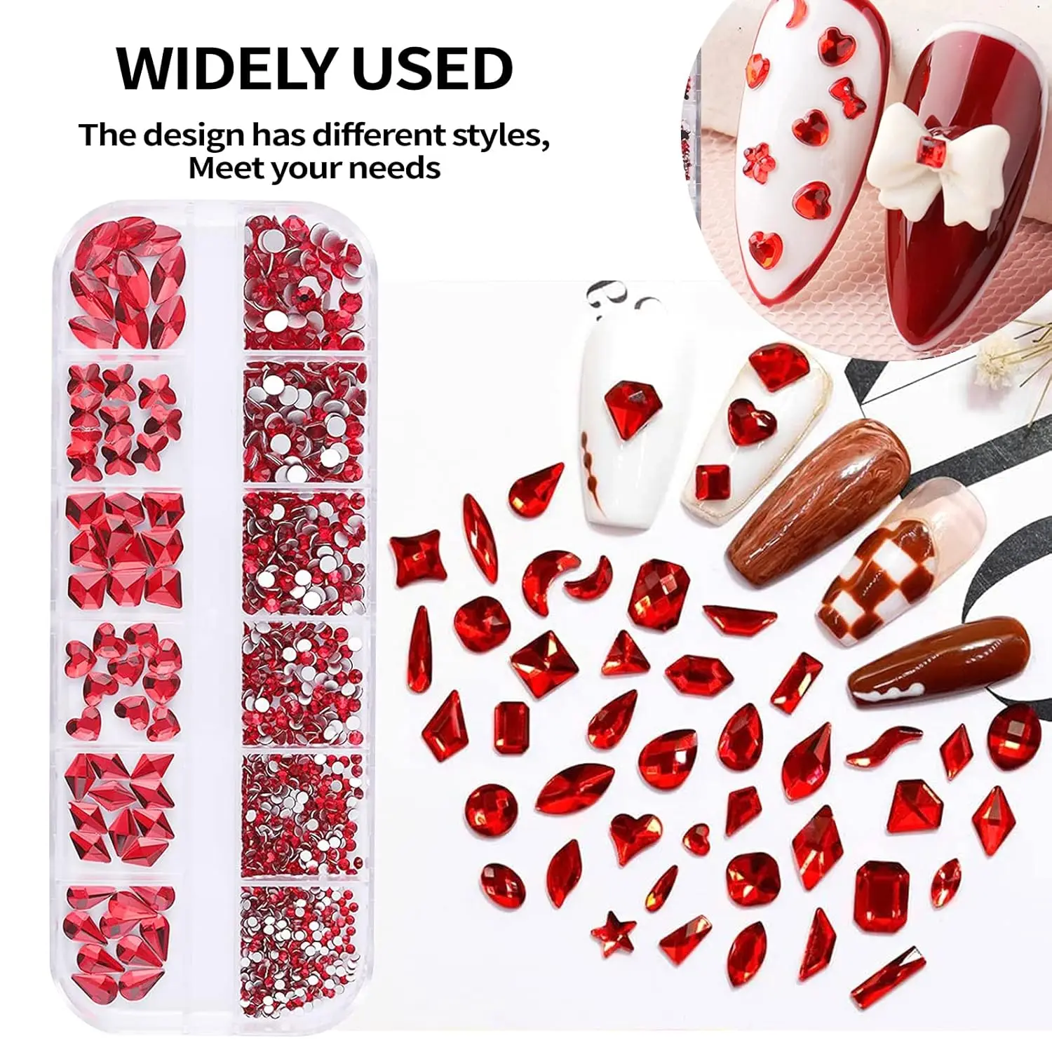 2 boîtes de strass 3D pour Nail Art, forme mixte, rouge, vert, verre à dos plat, décoration d'ongles, nouvel an, vacances, bijoux pour ongles