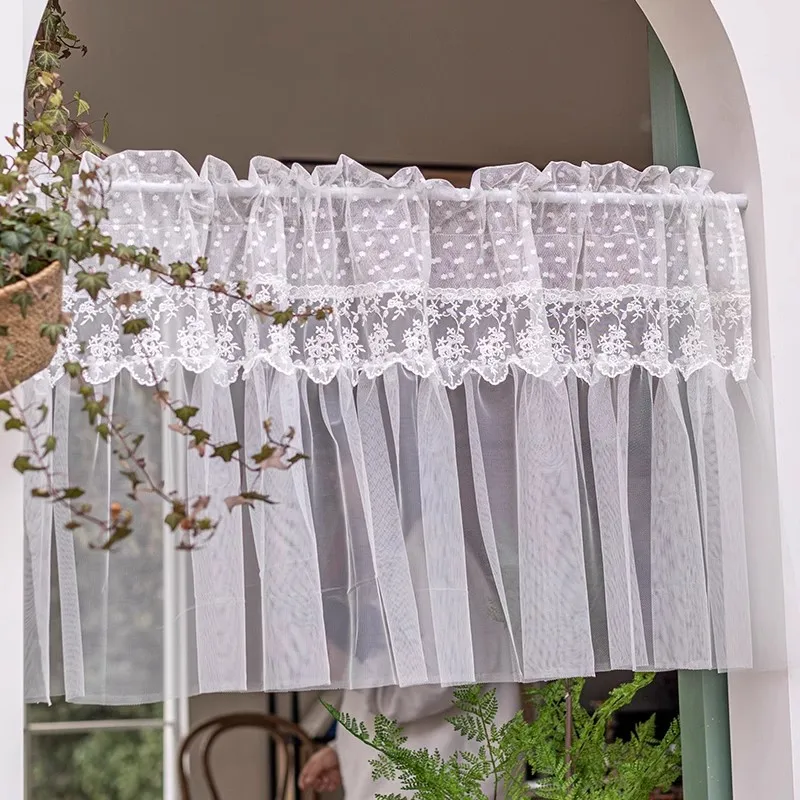 Korean Pastoral Style White Polka Dot and Flower Lace Mesh Ruffled Sheer Short Curtain For Living Room Bedroom Kitchen Custom