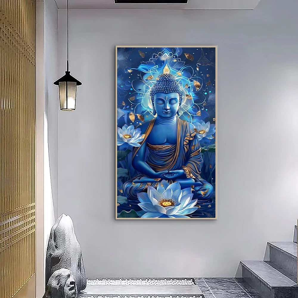 Vintage Blue Buddha Lotus Canvas Wall Art Prints  Eyes Closed  Religious Poster Painting  Home Room Decor Gift for Believers