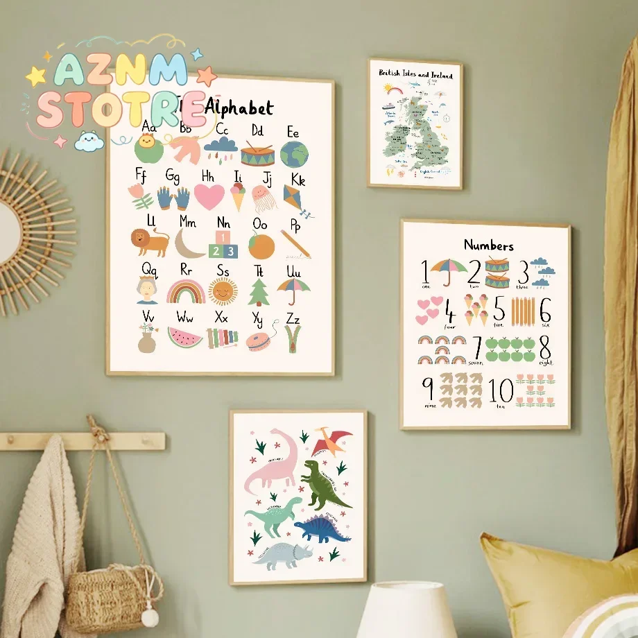 Animal World Map Dinosaur Alphabet Number Canvas Wall Art Painting Poster Prints for Baby Kids Nursery Room Home Decor Pictur
