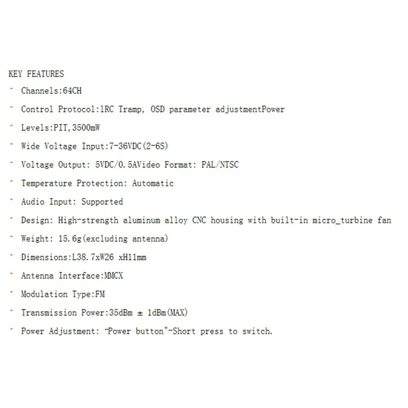 

VTX-F5 3.3G VTX 3.5W 64CH FPV Wireless Analog Image Transmission Transmitter Frequency Range 3060-3500MHz-TCES