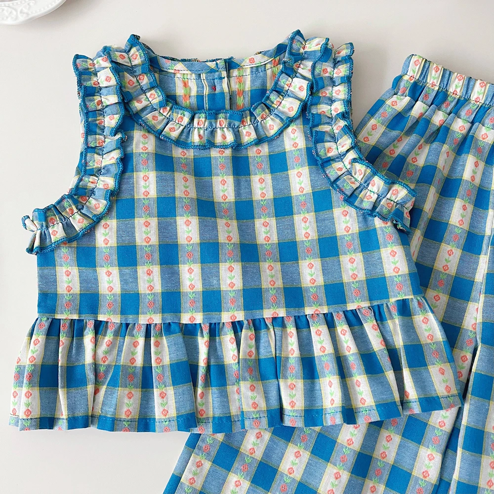 Summer Girls' Suits Fashion Floral Plaid Round Neck Tank Top+Wide Leg Pants Children's Clothing Two-piece Set image 2