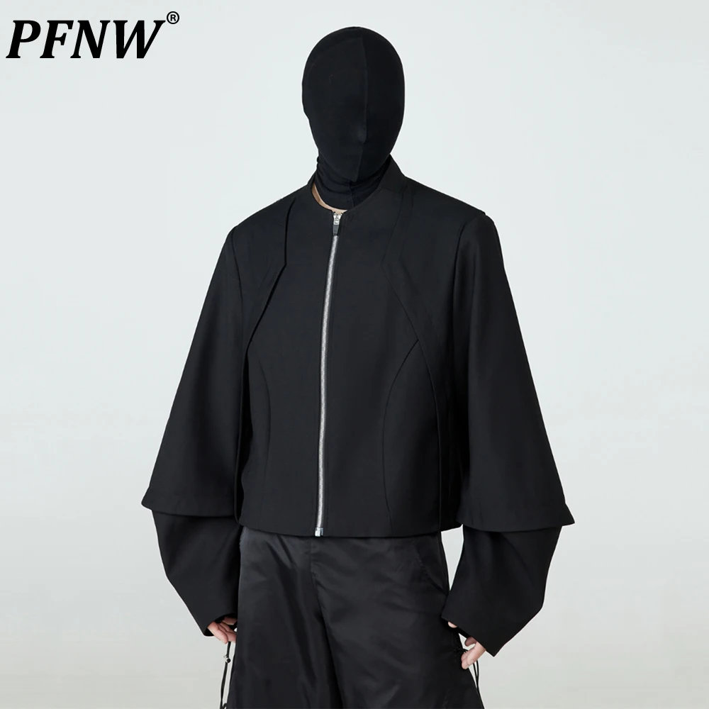 

PFNW Darkwear Curved Blade Cutting Deconstruction Design Width Black Jacket For Men Zipper Oversize Short Coat Autumn New12C1175