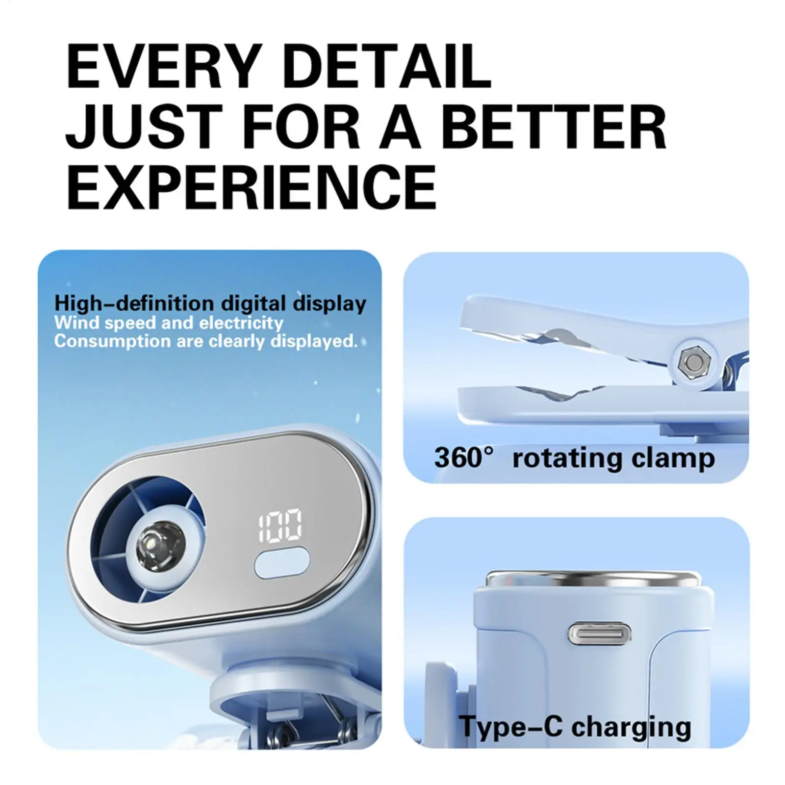 Portable Clip On Fan 100-Speed Summer Blower USB Rechargeable With Light 360-Degree Rotatable LED Digital Display Fan With Clip